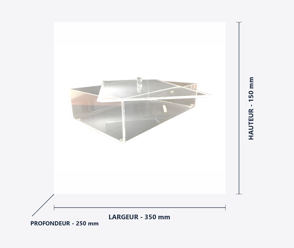 Schéma de la boîte en plexiglas avec ses dimensions annotées : largeur 350 mm, profondeur 250 mm, hauteur 150 mm