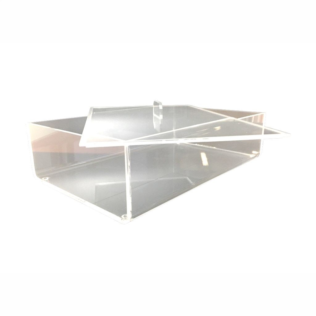 Boîte vide en plexiglas transparent avec couvercle entrouvert, dimensions 350x250x150mm