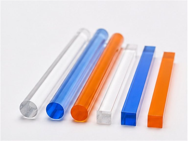 Barres et batons en plexiglas colore, ronds et carres, transparents et teintes