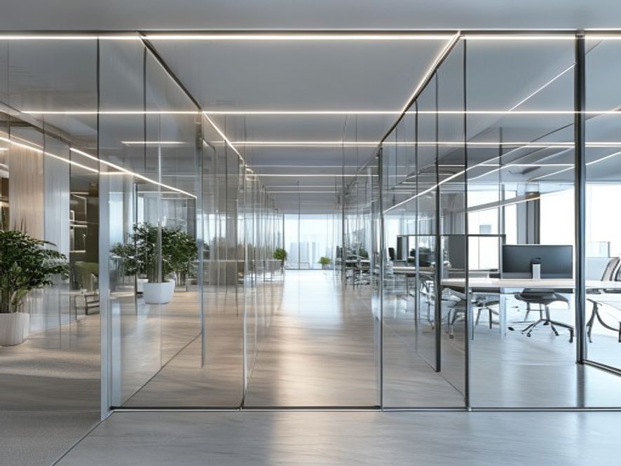 Cloison de bureau en PMMA transparent sur montants aluminium