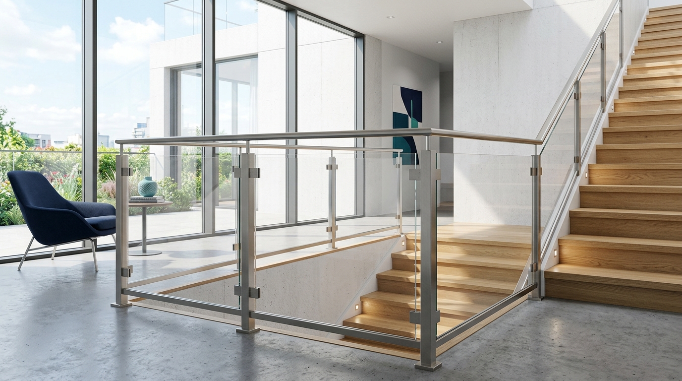 Garde-corps en verre acrylique et inox brossé sur mesure, escalier intérieur design