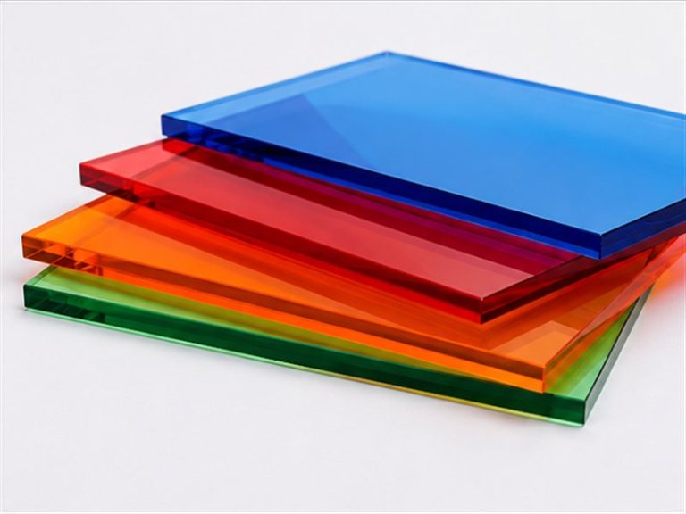 Empilement de plaques de polycarbonate colorees bleu, rouge, orange, vert