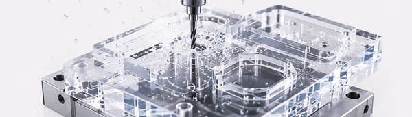 Fraiseuse CNC en cours d'usinage de précision sur une pièce en plastique transparent, projections de matière